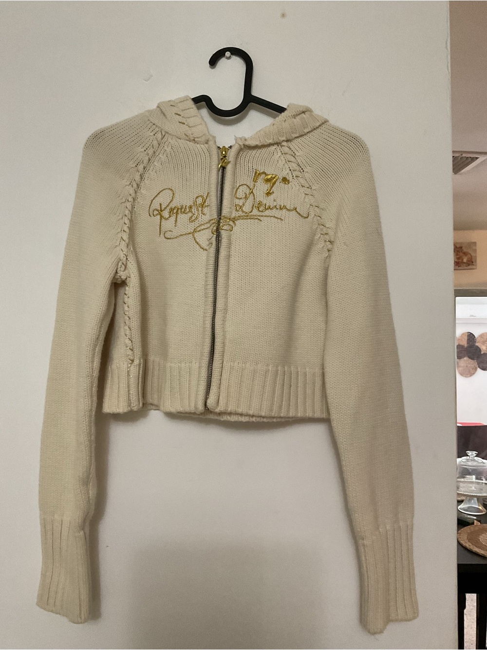 Request Denim women’s Cream Zip-Front Hooded Sweater with Embroidered Script
